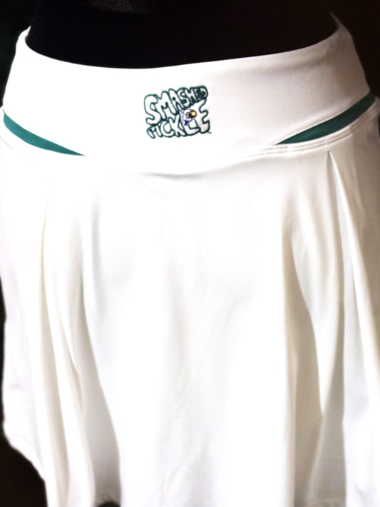 Active High Waist White Pleated Skirt with Green Trim and Built in Pocketed Shorts