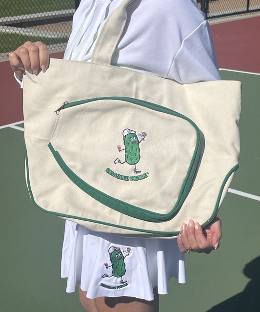 Emerald & Natural Pickleball Bag with Dashing Smashed Pickle with Wine Logo