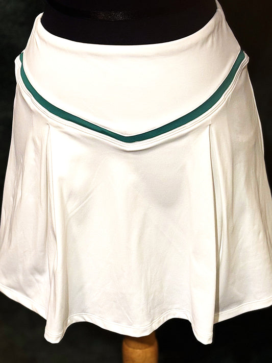 Active High Waist White Pleated Skirt with Green Trim and Built in Pocketed Shorts