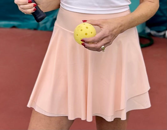 Active Double Layer High Waisted Flowing Pink Sports Skirt with inside Pocket