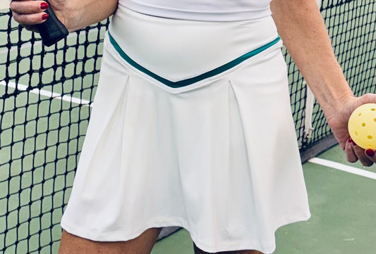 Active High Waist White Pleated Skirt with Green Trim and Built in Pocketed Shorts