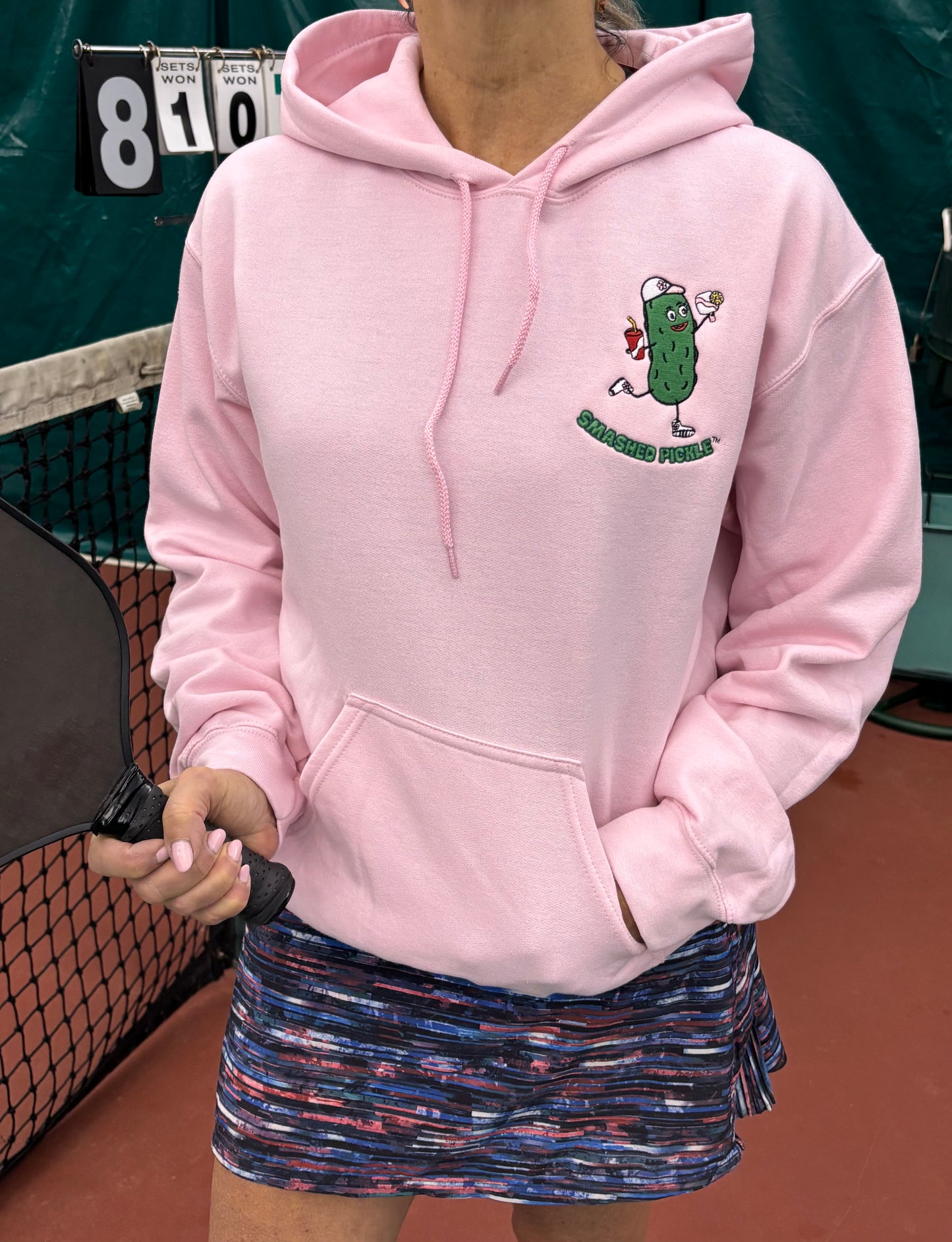 Cotton Heavy Blend Women's Light Pink Hoodie with Dirty Soda Suzie Pickle or Smashed Pickle w/Wine Logo on Right Sleeve
