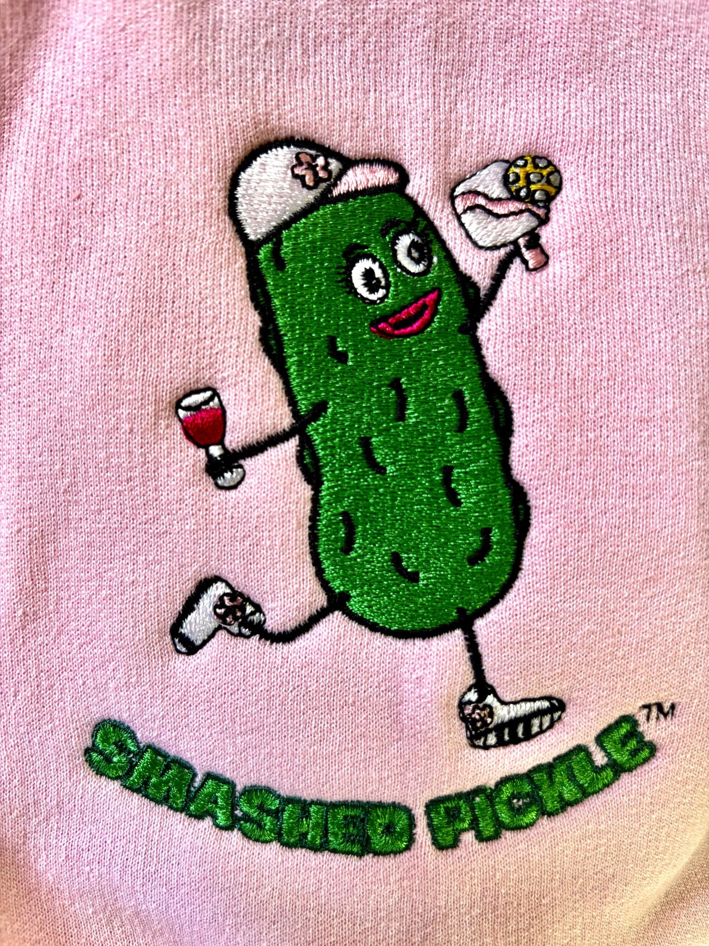 Cotton Heavy Blend Women's Light Pink Hoodie with Dirty Soda Suzie Pickle or Smashed Pickle w/Wine Logo on Right Sleeve