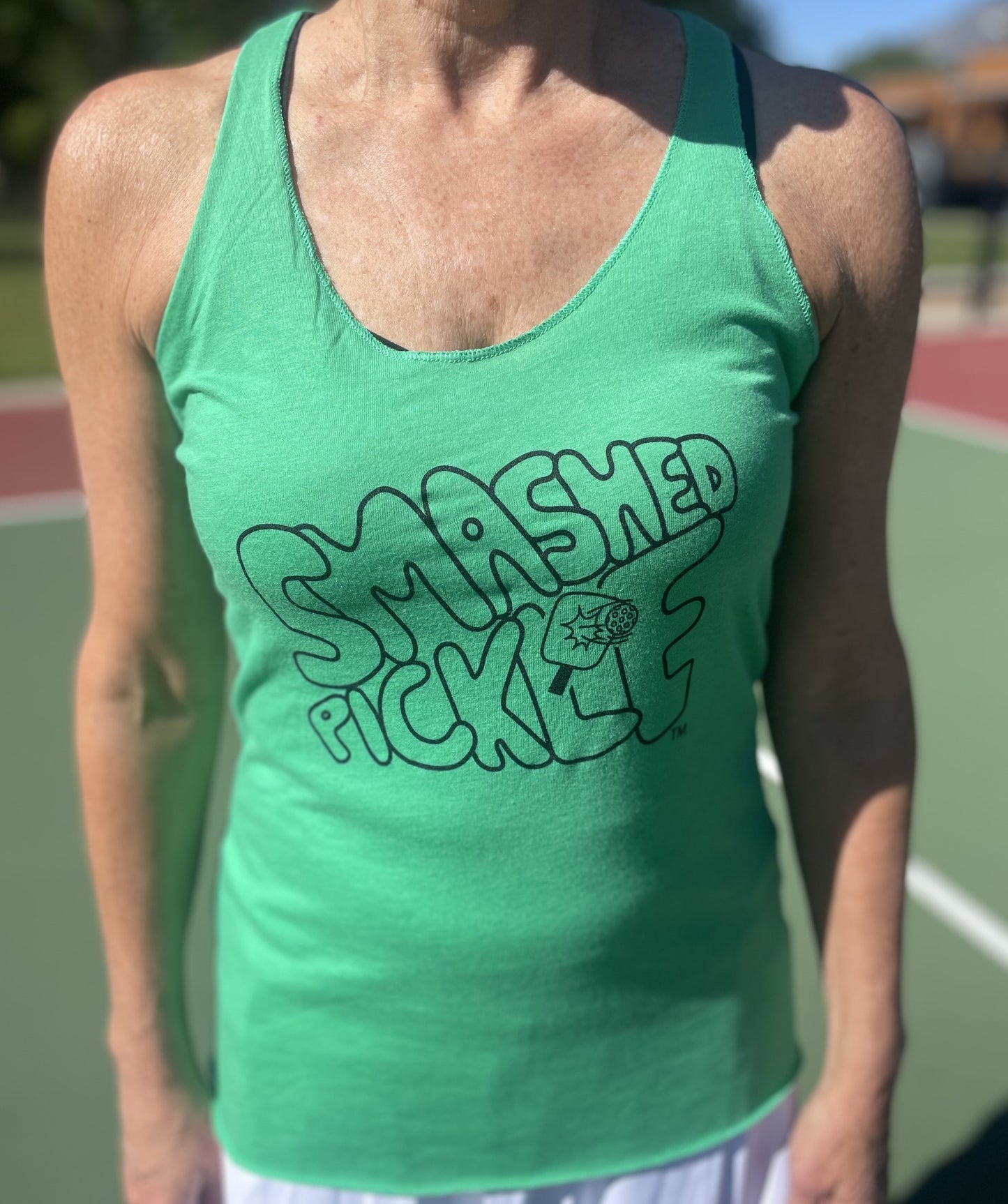 Women's Racerback Green Tank with Smashed Pickle Trademark Logo