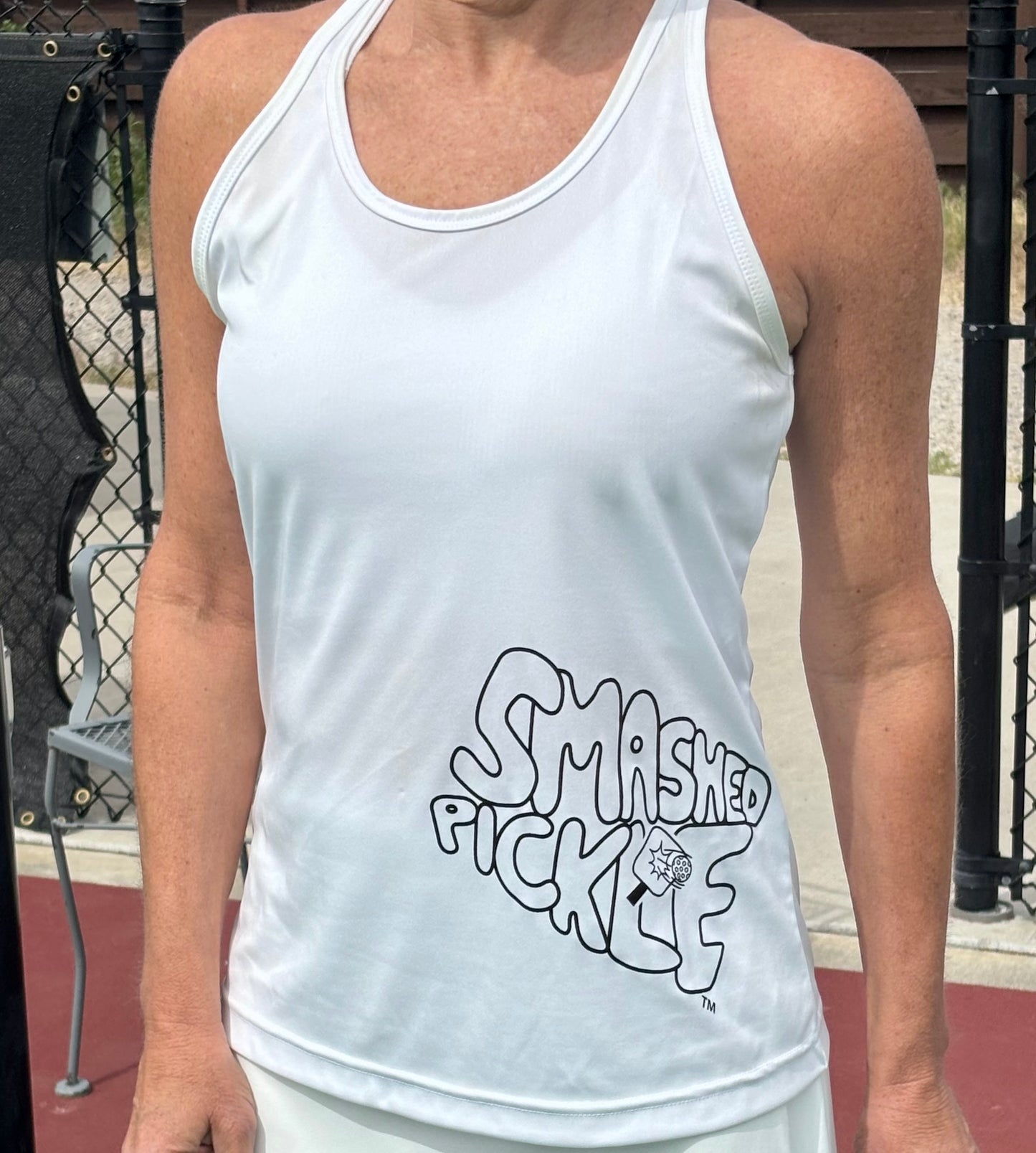 Racerback Women's White Performance Tank  with Tilted Smashed Pickle Design