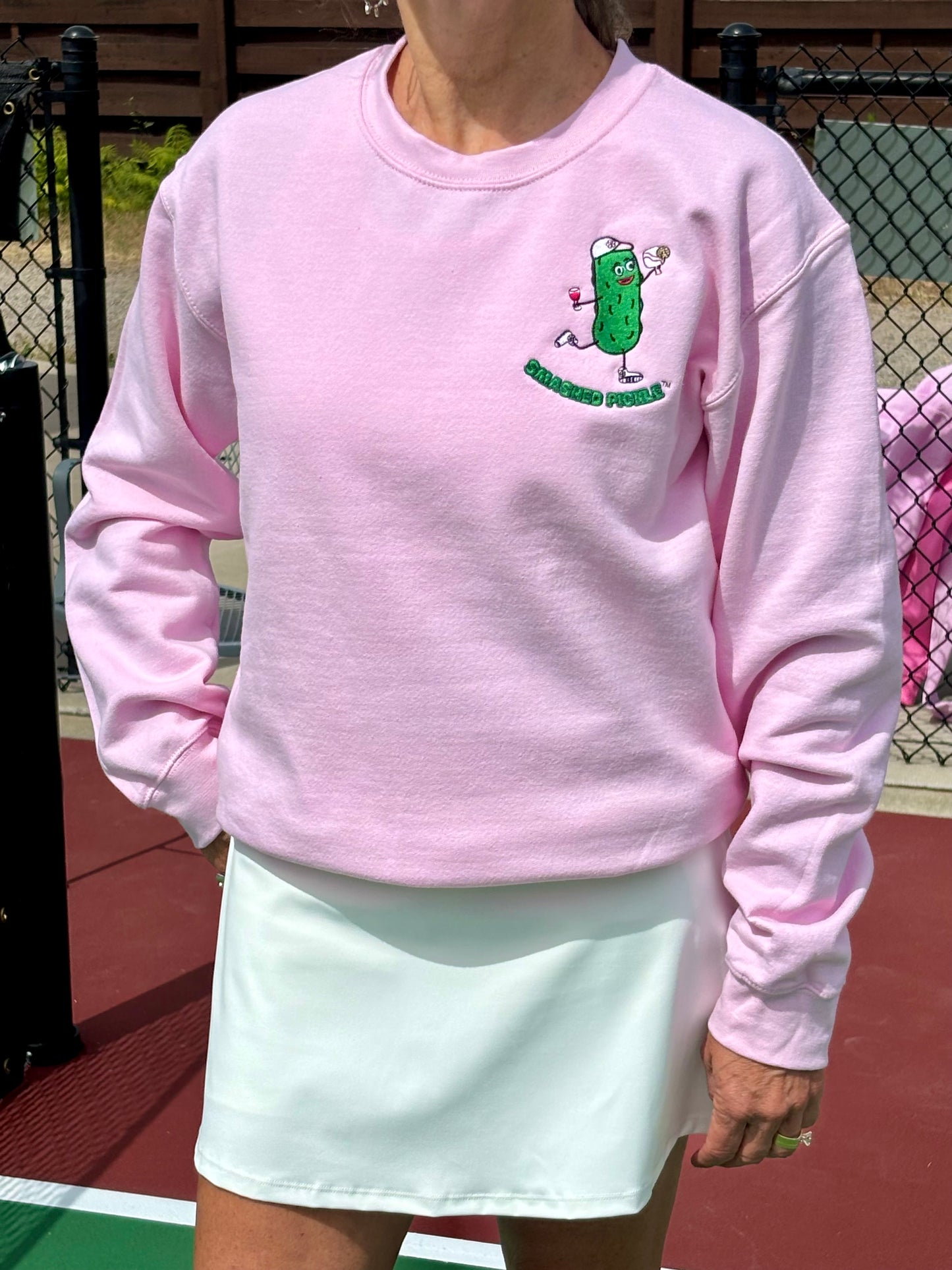 Heavy Blend Crewneck Light Pink Sweatshirt with Smashed Pickle w/Wine Logo